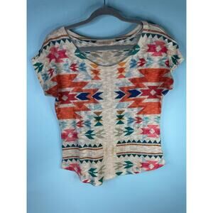 Gaze USA beige knit top multicolored geometric tribal aztec print small